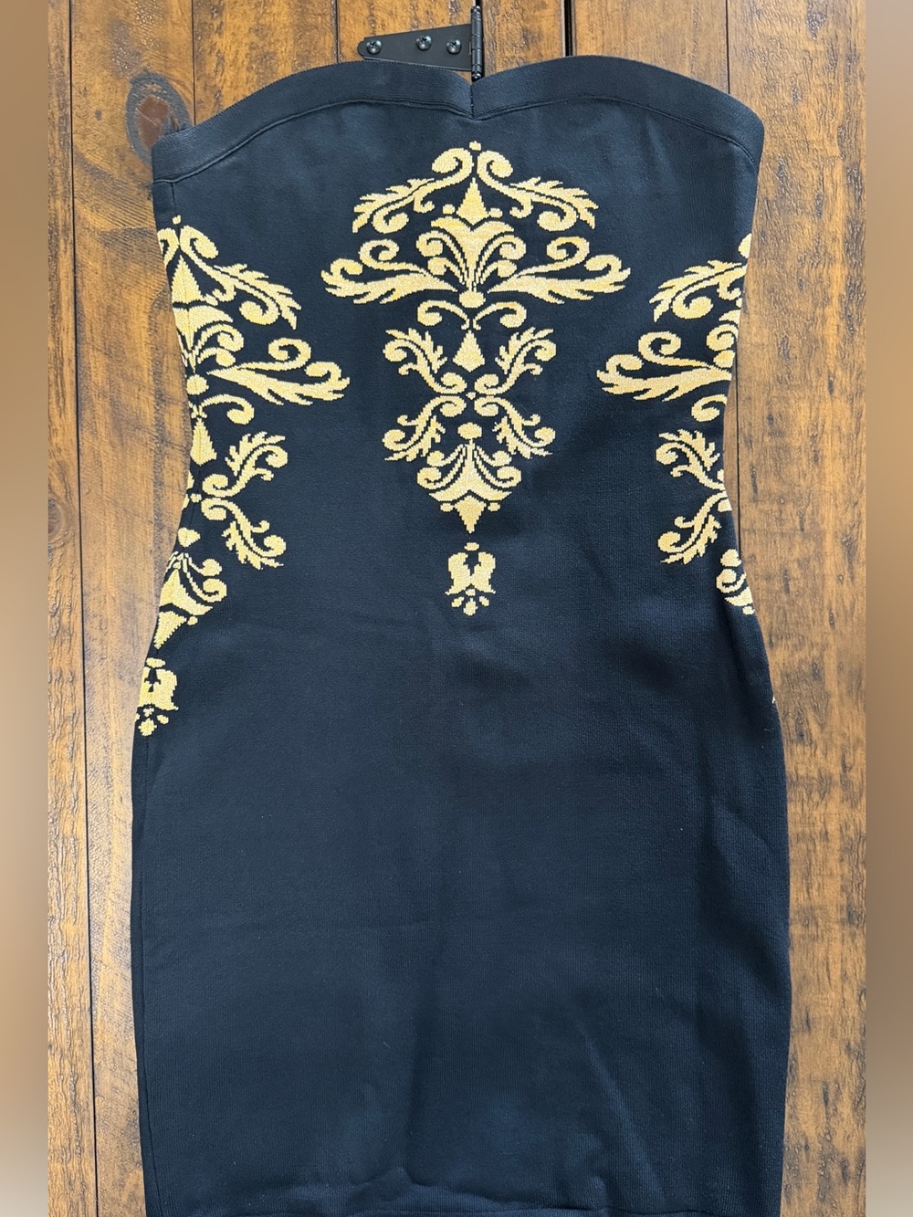 Bebe Strapless Black Dress with Gold Embroidery